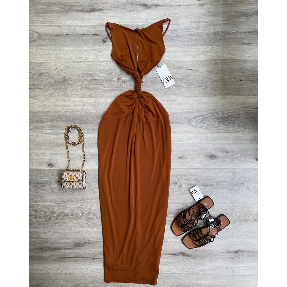 ZARA Brown Cut Out Maxi Dress Vacation Resort Dress NWT - Picture 15 of 16